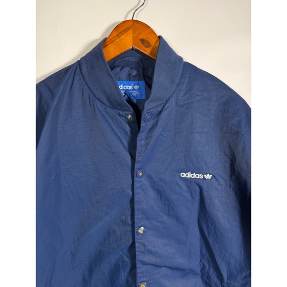 Adidas Originals Vintage Navy Blue Snap Bomber Jacket Mens Large Trefoil Striped - Picture 2 of 8